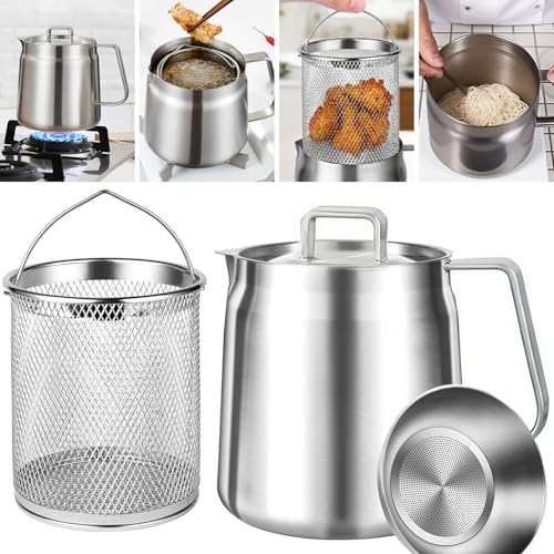 2L Deep Fat Fryer with Basket & Strainer, 304 Stainless Steel Deep Fryer Pot, Large Capacity Bacon Grease Container for Kitchen,Frying,Cooking,Camping,Oil Filter Container, Dishwasher Safe