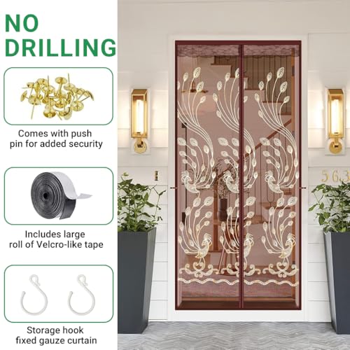 Image of HASTHIP Mosquito Screen Door 90x210cm, Auto Close Peacock Brown Mesh | Mosquito Barrier, Hands-Free Closing, Breathable Mesh, No Drill Magnetic Screen Door for Room Doors, Balconies and Patios