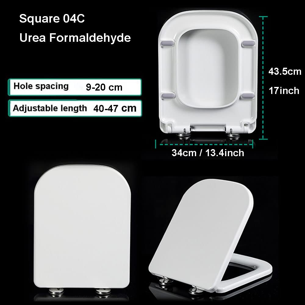 Asiento de inodoro cuadrado de alta resistencia, color blanco, cierre suave, bisagras de liberación rápida, 340 x 43,5 mm