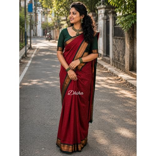 Image of Gadwal Cotton Silk Checked Saree for Women | Pure Kalyani Cotton Checked Saree with Zari Border Tassels & Blouse | Kanjivaram Linen Silk | Handloom Weave