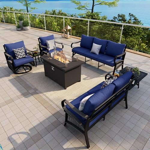 Image of 7-Piece Outdoor Furniture Set, Metal Swivel Rocking Chairs with All-Weather Cushions, Patio Conversation Set with Fire Pit Table for Deck, Porch, Garden, Backyard, Poolside (Blue Cushions)