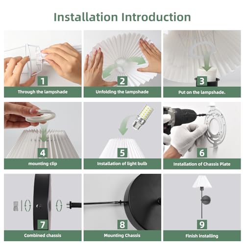 Image of Black Wall Sconces Sets of 2, White Pleated Fabric lampshade Matte Wall Lamp, Column Bracket Wall Lighting, Bathroom Dresser Hardwired lamp Fixture, Applicable to Living Room, Bedroom and Dining Room
