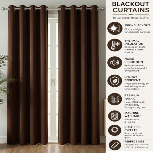 Image of 100% Blackout Window Curtains, 7 Feet, Solid Design, Faux Silk, Thermal Insulated, Noise Reducing Eyelet Door Curtain with Tie Back for Living Room & Bedroom, 115x210cm, Pack of 1 - Coffee