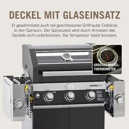 Bild 2 - RÖSLE Gasgrill BBQ-Station VIDERO G3-S Schwarz, Grill mit 3 Edelstahlbrennern, extra Primezone und Seitenbrenner, klappbare Seitentische, VARIO+, pulverbeschichteter Stahl