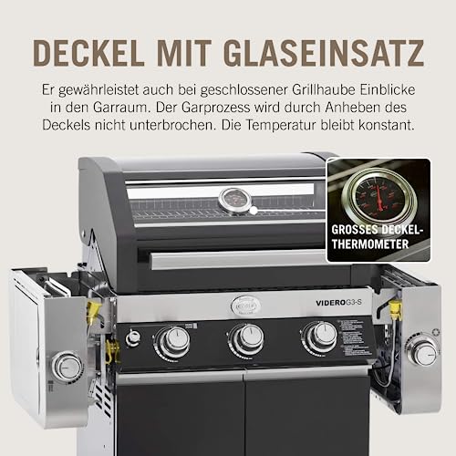 RÖSLE Gasgrill BBQ-Station VIDERO G3-S Schwarz, Grill mit 3 Edelstahlbrennern, extra Primezone und...