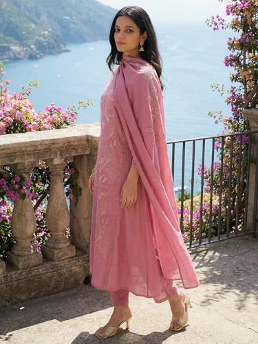 Image of INDO ERA Women's Floral Embroidered A-Line Silk Blend Kurta Pant with Dupatta Set