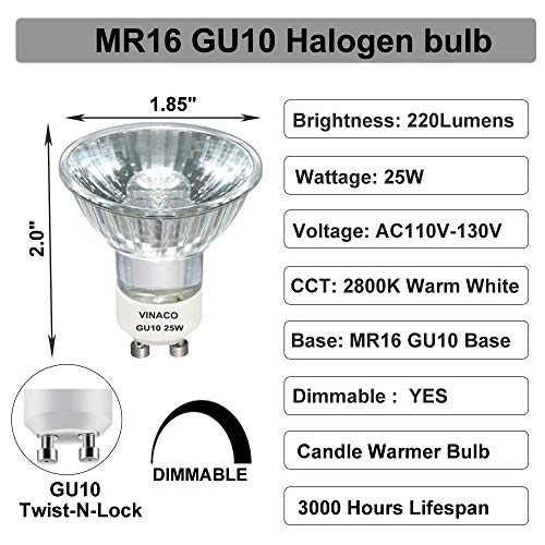Image of Vinaco GU10 Bulb 6 Pack, MR16 Halogen, Warm White 2800K, Dimmable For NP5 GU10 25W Bulb Candle Warmer, Track Light, Hood Bulbs