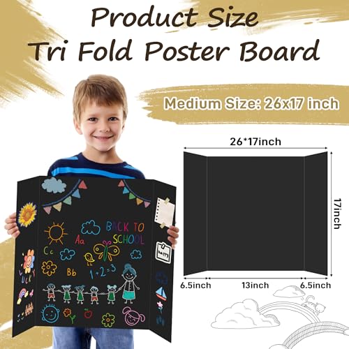 Image of PSHVYM 12 Pcs Black Trifold Poster Board, 26 x 17 inches with Double Sided Tapes and Cardboard, Corrugated Presentation /Display Board for School Project, Science Fair, Business