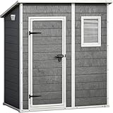 Casetta da Giardino, 4 x 6 piedi Porta Attrezzi in Finitura Effetto Legno Graffiato con Pavimento, 2.8m² Capanno da Giardino con Porta e Serratura, Tetto Inclinato, 186x146x200 H Cm, Grigia