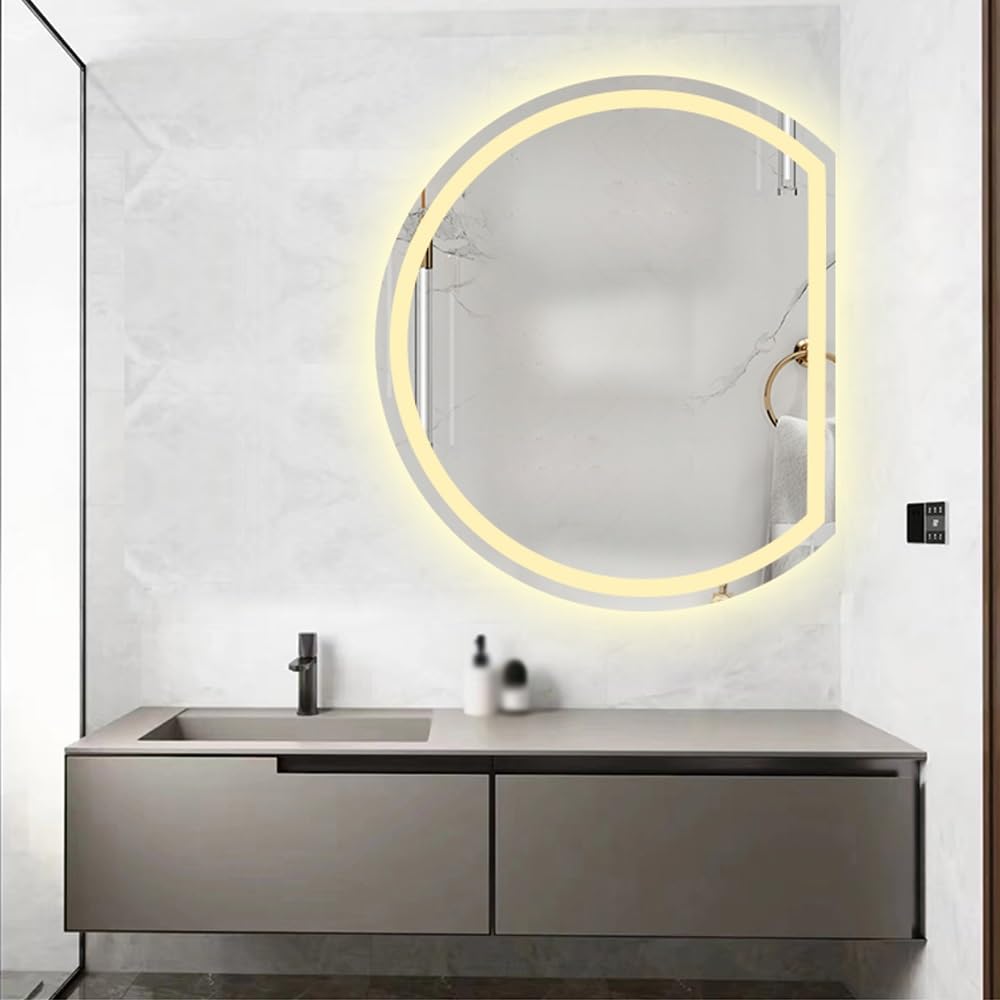 Lustro łazienkowe z podświetleniem LED, przeciwmgielne, 70 cm, półokrągłe lusterko do makijażu z regulowanym światłem w 3 kolorach, idealne do nowoczesnego wystroju i codziennego użytku