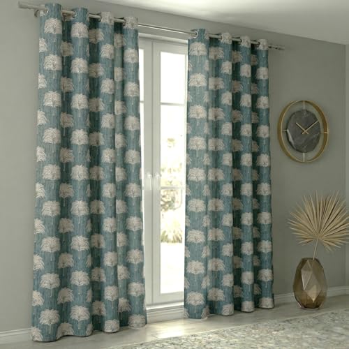 Image of Fashion String Elegant Tree 150 GSM Semi Transparent Eyelet Polyester Long Door Curtains - 9 Feet, Blue (Set of 2)