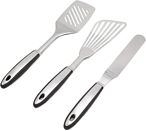 Juego de 3 espátulas de acero inoxidable (juego de 3) – Incluye espátula de pescado de cocina, espátula ranurada de cocina, espátula de glaseado de