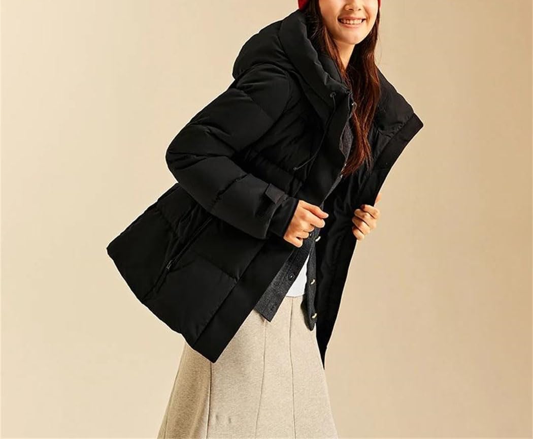 Women’s Down Jacket Hooded Waist Design Solid Color Thick Warm Winter Long Sleeve Coat