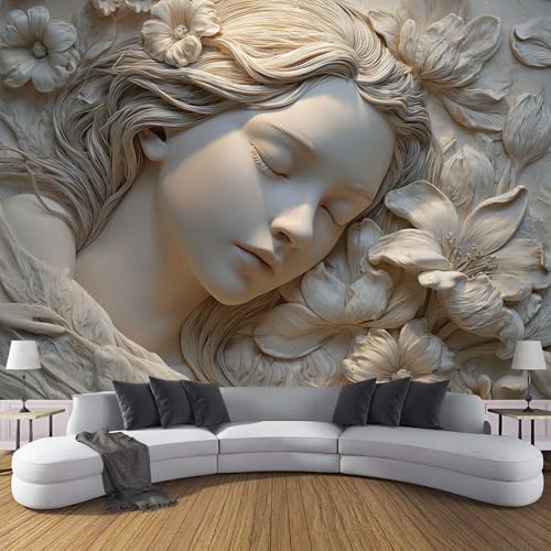 Carta Da Parati 3D Effetto, Moda XL Design Capelli Lunghi Bella Donna Fotomurali in TNT Fiori Sollievo Fotomurale Bianco Moderna Decorazione da Parete per Camera da Letto Soggiorno 250×170cm
