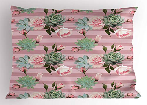 Ambesonne Floral Pillow Sham Set of 2, Colorful Succulent Herbs Romantic Roses on Dusty Pink Striped Backdrop, Quality Microfiber Bedding Item for All Seasons, 26