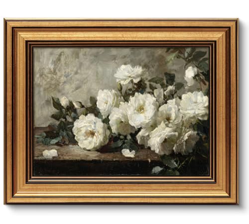 Image of NALEPS Vintage White Peony Framed Wall Art, White Rose Wall Decor, 9x11 In | Vintage Gold Framed Wall Art, White Rose Print Artwork, Still Life Peony Picture for Bedroom Living Room Home Decoration