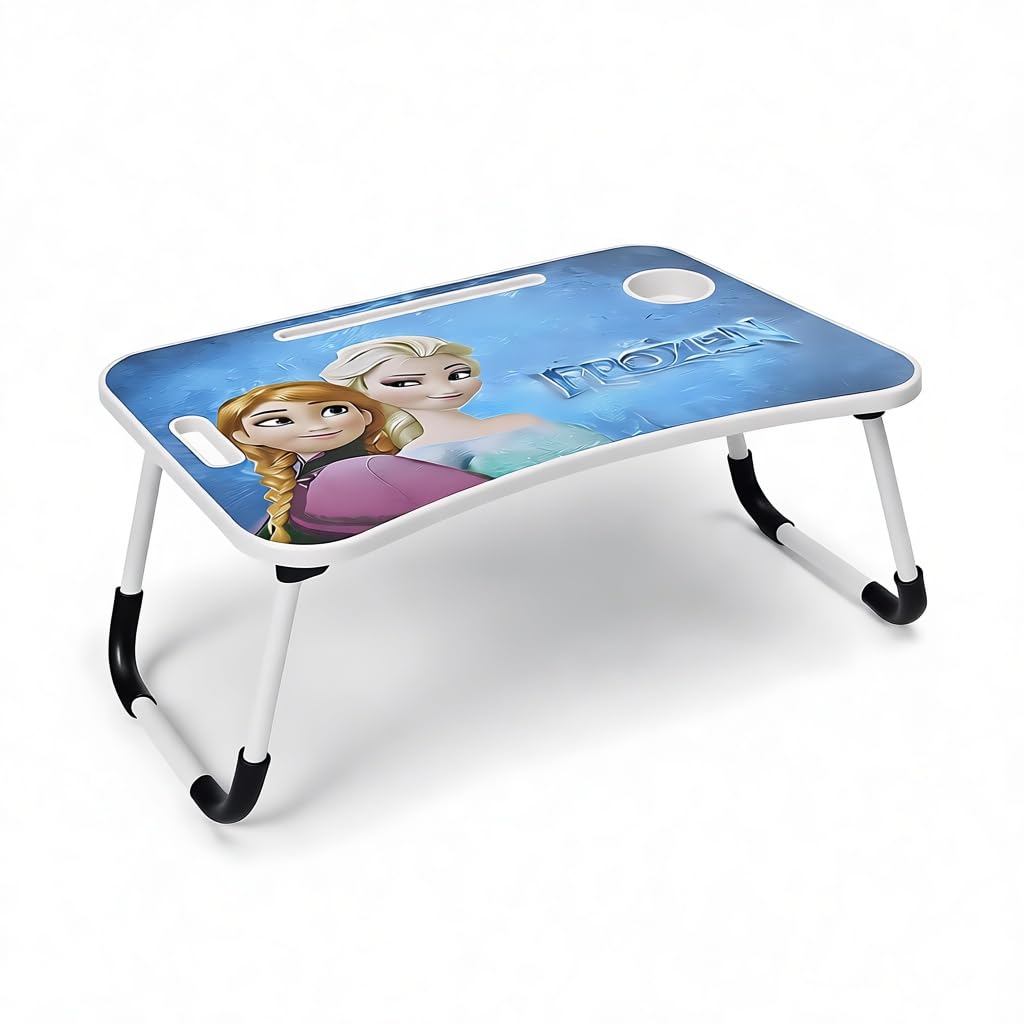 Foldable Laptop Table for Bed with Cup Holder & Mobile Slot | Portable Study Table for Sofa, Work from Home Desk, MDF Top