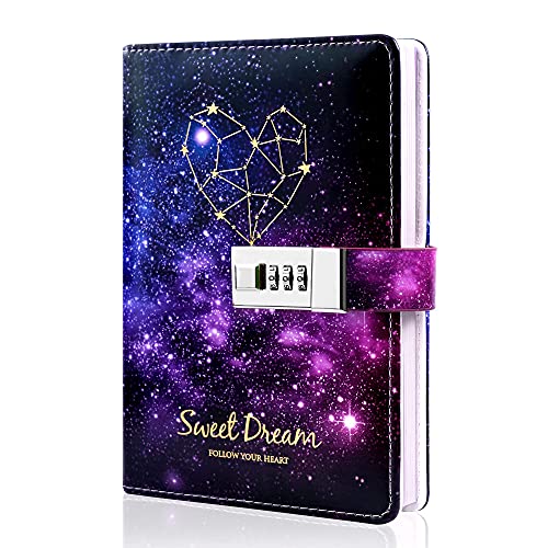 CAGIE Starry Lock Leather Diary Combination Lock Journal Personal Constellation Secret Writing Journal Notebook Daily Planner Hardcover Agenda Gifts for kids girls boys women, 7.4 X 5.1 In