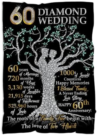 60th Anniversary Blanket Gifts, Gift for 60th Wedding Anniversary, 60 Diamond Wedding Anniversary Couple Gift for Husband Wife Dad Mom Grandparents Blanket 60″x50″, 60 Years of Marriage