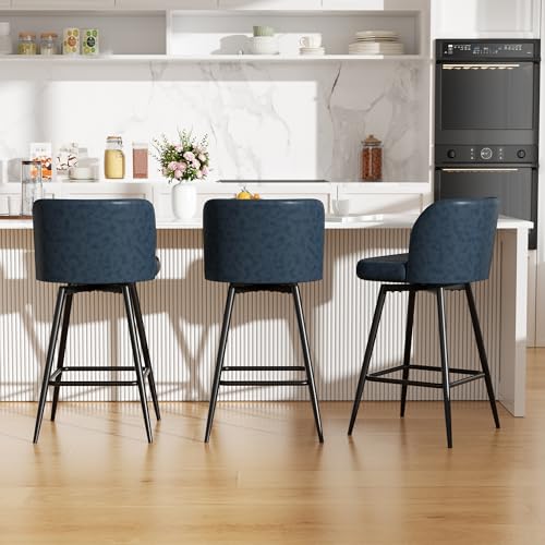 Image of Swivel Bar Stools Set of 3, 26 inch Counter Height Bar Stools with High Back and Metal Legs, Faux Leather Bar Chairs, Modern Barstools for Kitchen Island, Dark Blue