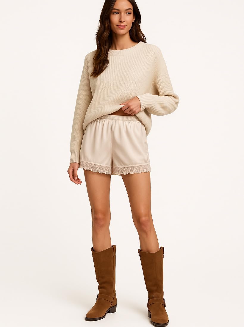 Lace Trim Satin Shorts for Women Low Elastic Waist Mini Shorts Casual Lounge Silk Short Going Out - Image 2