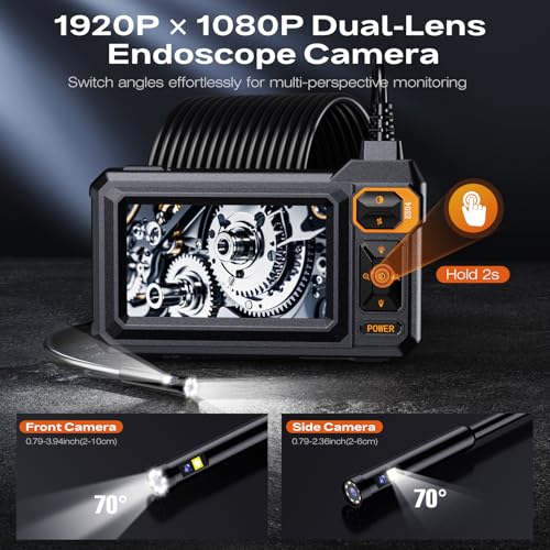 Image of Borescope Dual Lens Endoscope Camera with Light, 4.3 inch IPS 1920P HD Inspection Camera, 7.9mm IP67 Waterproof with 8+1 Adjustable LEDs, 16.5FT Semi-Rigid Snake Cable for Mechanic, Cool Gadgets for Men