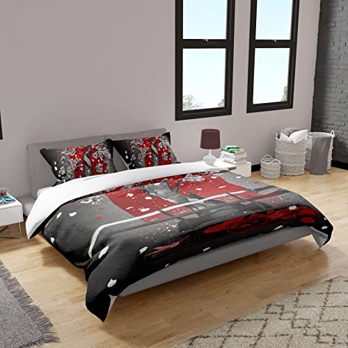 Japanese Black White Ink Style Samurai Sword Sakura Traditional Pattern 3D Printing 3 Pieces Duvet Cover Set Full Size Graphics Bedding (1 Duvet Cover +2 Pillow Shams) With Concealed Zipper Closure #TOP2