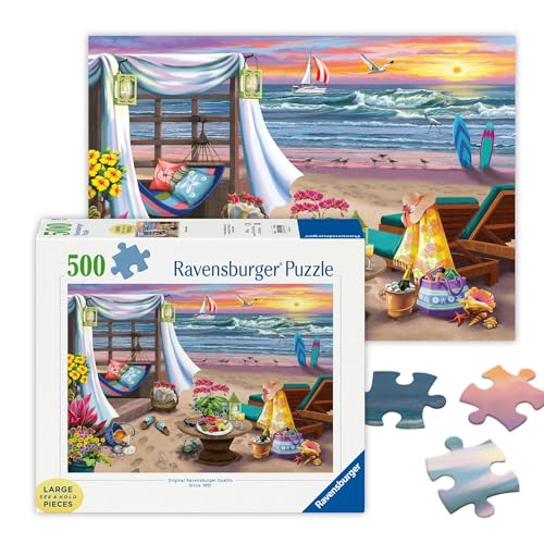 Ravensburger - Cabana Retreat - 500 Piece Large Format Jigsaw Puzzle - Enjoy Peaceful, Salty Breezes and a Stunning Ocean Sunset - Frameable - Premium Quality - Puzzles for Adults