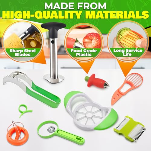Image of 9 Pcs Fruit Slicer Set - Pineapple Corer and Slicer, Watermelon Cutter, Strawberry Huller, Apple Cutter, Avocado, Kiwi Tool and More - Stainless Steel Fruit Cutting Tools for Summer Parties and BBQs