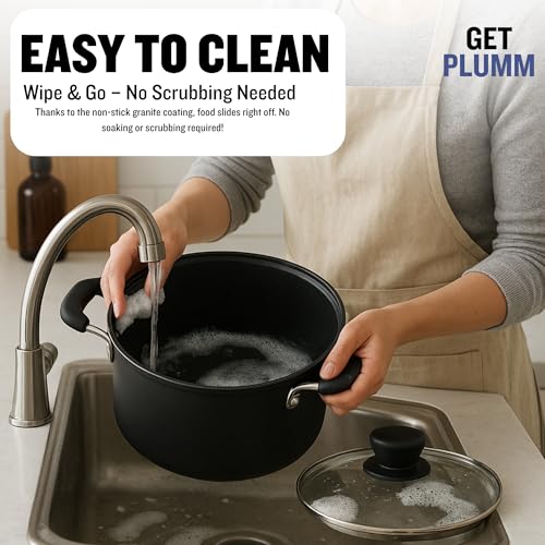 Image of Get Plumm Non-Stick Ceramic Cookware Set of 5 | Cooking Pot, Sauce Pot & Kadhai, Fry Pan, Sauce Pan | 24-20-16cm |Induction & Gas Compatible | Black