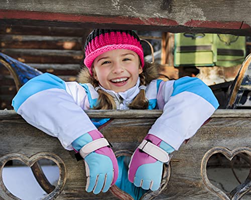 Simplicity Girl's Skiing Gloves Winter Warm Mittens, Pink Blue Grey, M(7-9 Years) - Thumbnail 6