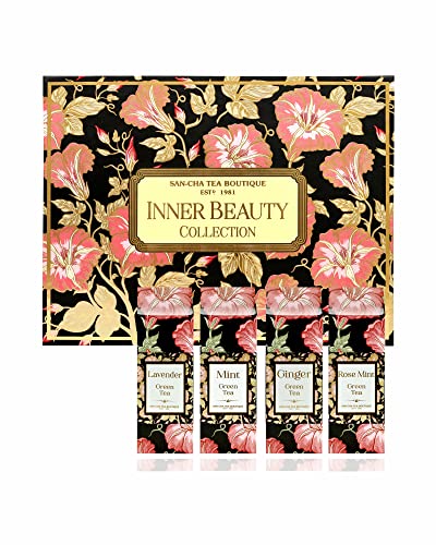 Image of SAN-CHA Tea Boutique Inner Beauty Gift Tea Box, Finest Green Teas (Rose, Mint, Ginger & Lavender Green Tea), 200G Loose Leaf Green Tea, Gift Hamper For Family & Friends, 200 Gram