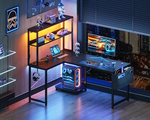 AODK ゲーミングデスク コンセント付き パソコンデスク 袋付き l字デスク デスク 机 幅110cm ラック付き pcデスク ワーク 収納 オフィス 仕事用 在宅勤務 組立簡単 ブラック [2]