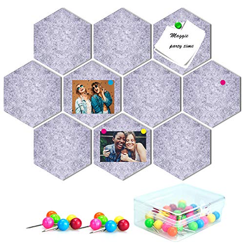 10 Packs Bulletin Board, Felt Memo Board Tiles with 30 Pieces Push Pins,Decoration for Home Office Classroom Wall, Felt Thickness 0.36 inches, Hexagon 5.9 x 7 inches(Grey)