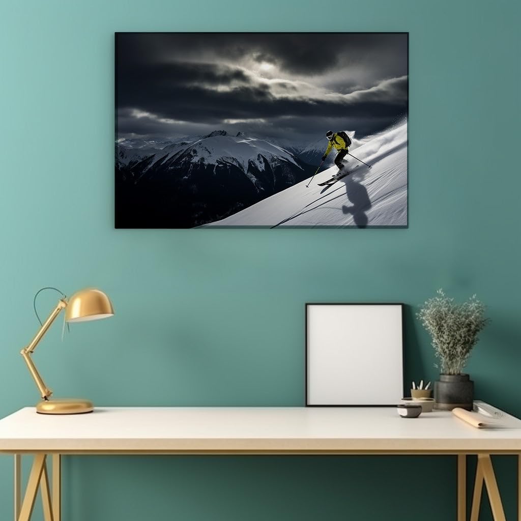Canvas for Living Room. Thrills on The Slope The Dynamic Descent of a Skier Against The Majestic Mountain Backdrop, 27 x 18 inch Canvas Wall Art - Surrealistic Visions - Modern Home Decor