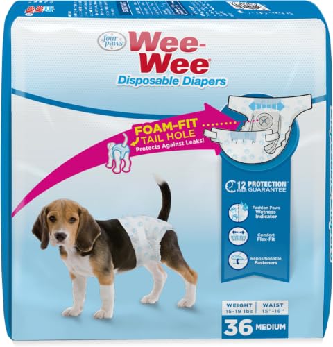 Image of Four Paws Wee-Wee Super Absorbent Disposable Adjustable Dog Potty Training Diapers, Leak-Proof Protection for Dogs, Size Medium, 15 inch - 18 inch Waist, 36 Count (Pack of 8)