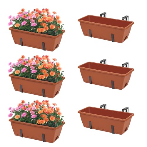 YAHKBTEN 6 Pack Railing Planter Boxes Outdoor Window Boxes Planter with Drainage Holes, Plastic Garden Fence Planters with Metal Brackets for Deck, Balcony, Patio, Brick Red