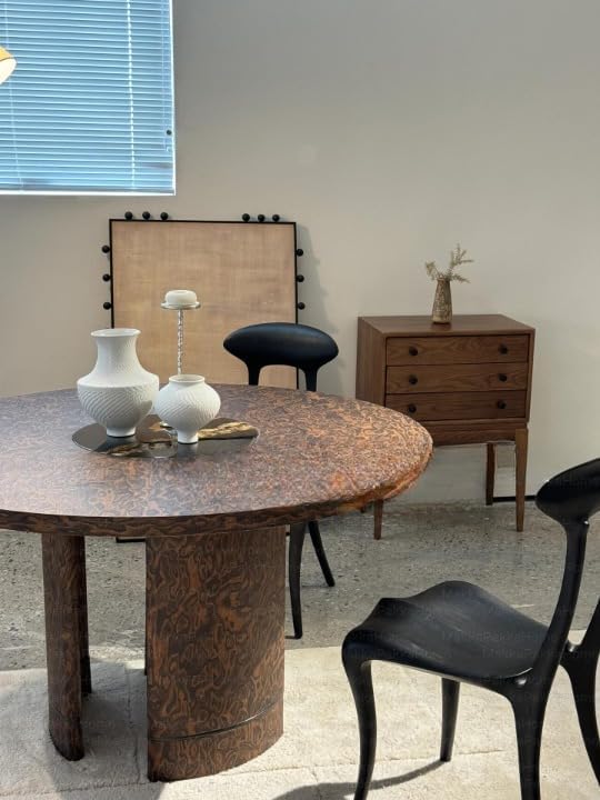 Round Solid Wood Dining Table with Burl Grain Finish, Modern Sculptural Pedestal Table, Contemporary Luxury Dining Table for Kitchen Dining Room