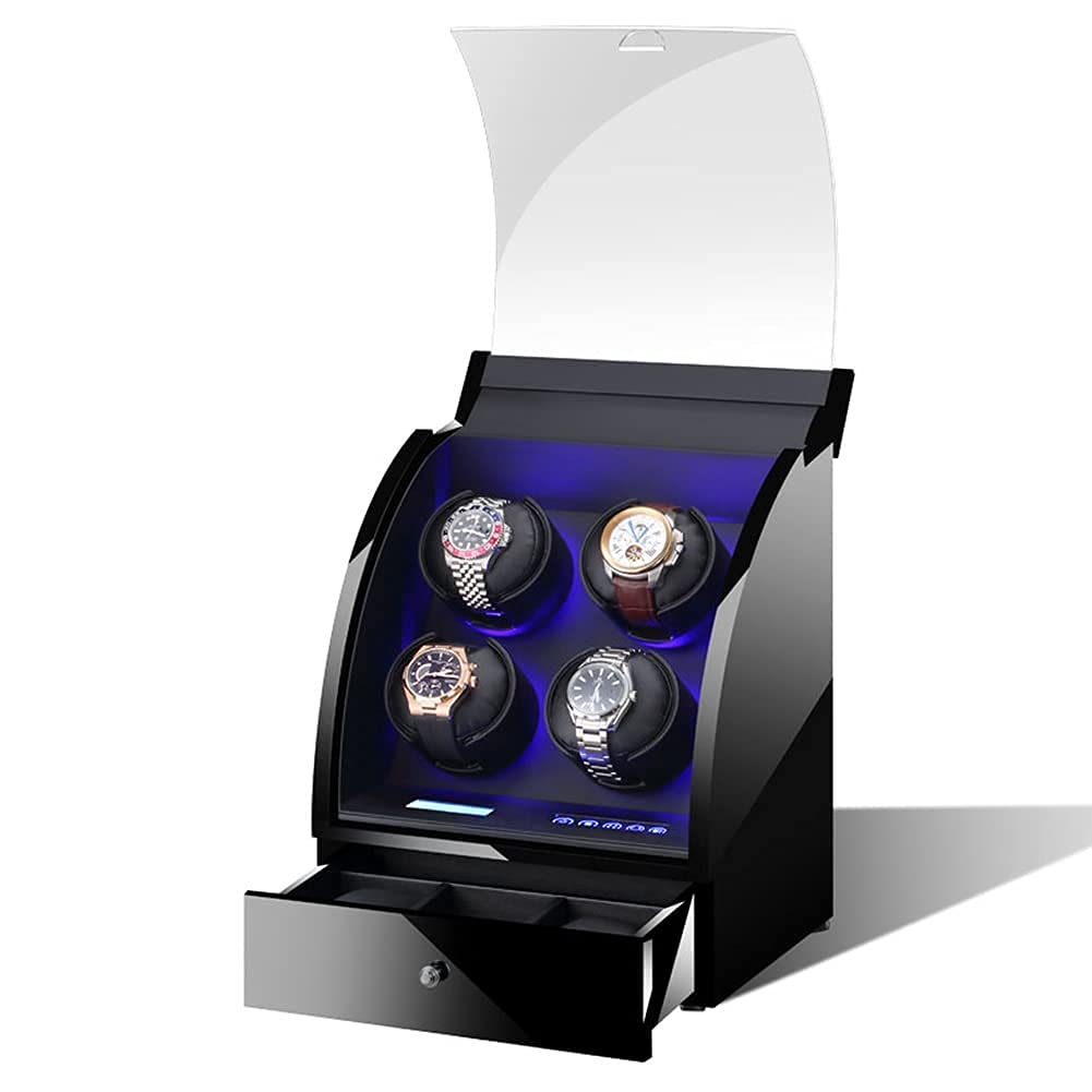 Uhrenbeweger für 4 Automatikuhren mit superleisem Motor, 15 Rotationsmodi, LCD-Display, Touchscreen, LED-Beleuchtung und Fernbedienung.，
