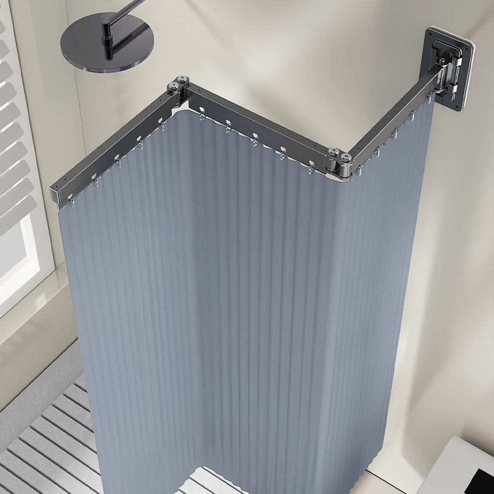 NEWFUN Cortina de Ducha Plegable, Barra de Cortina de Ducha Ajustable, Antimoho, Impermeables/lavables, para Duchas Esquineras, no Requiere Taladrar (5 Pliegues, 31-152 CM)