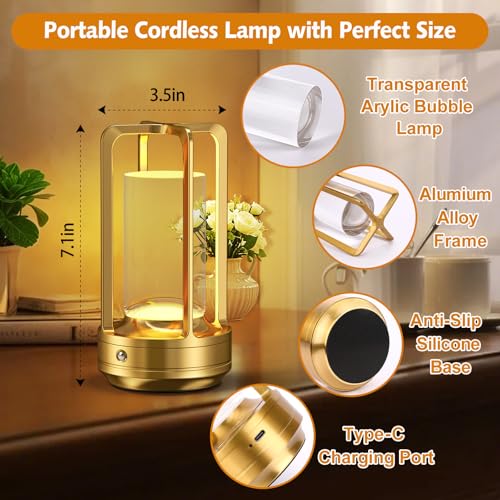 Image of Portable Table Lamp for Outdoor Indoor: Cordless Rechargeable Desk Lamp with 3 Color Stepless Dimmable - Metal Battery Operated Lantern Light for Bedroom /Bar /Coffee Shop /Camping (Gold (2 Pack))