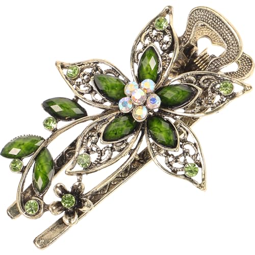 Vintage Green Flower Crystal Hair Clips - Retro Alloy Hair Barrettes for Women, Lightweight and Comfortable Accessories
