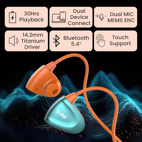Image of truke Yoga Beat Open Ear Neckband with 360-degree Titanium Alloy Flex Comfort, 14.2mm Drivers, 30H Playtime, Dual Mic for Crystal-Clear Calls, Fast Charging, BT 5.4 (Pulse Orange)