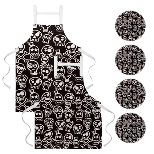 Tablier de cuisine lot de 2 avec motifs tête de mort pour protection et service bistrot