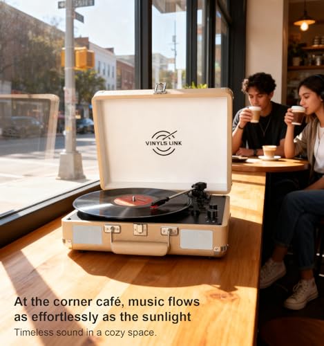 Image of VINYLSLINK Bluetooth Vinyl Record Player with Treble & Bass Adjustment, Vintage Portable Turntable Suitcase with Built-in Speakers, 3-Speed Belt Drive (33 /45 /78 RPM), Auto Stop, RCA /AUX /Headphone Jack