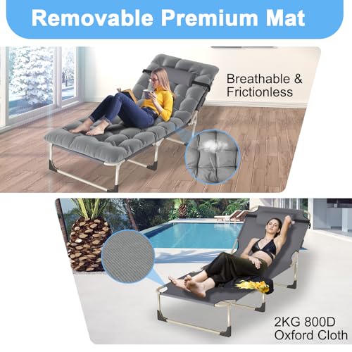 EVGTTI Portable Folding Camping Cot, Oversize 28.7in Adjustable 5-Position Adults Reclining Lounge Chairs with Pillow, 500 lb Weight Capacity, Heavy Duty Oxford Cloth 800D with Mattress