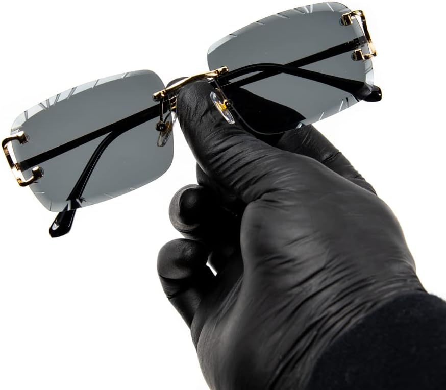 Rimless Gem Cut Unisex Square Luxury Retro 90's Hip Hop Diamond Cut lens Dark Black Tint Lens Gold Wire Frame Sun Glasses Frameless Rectangle Summer Shades Sunglasses For Men And Women