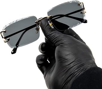 Rimless Gem Cut Unisex Square Luxury Retro 90's Hip Hop Diamond Cut lens Dark Black Tint Lens Gold Wire Frame Sun Glasses Frameless Rectangle Summer Shades Sunglasses For Men And Women