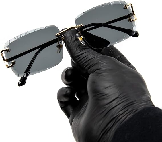 Rimless Gem Cut Unisex Square Luxury Retro 90's Hip Hop Diamond Cut lens Dark Black Tint Lens Gold Wire Frame Sun Glasses Frameless Rectangle Summer Shades Sunglasses For Men And Women