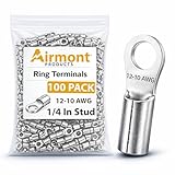 (100 Pack) High Temperature Ring Terminals, Nickel Plated Steel Electrical Wire Connectors, 12–10 AWG, 1/4 in Stud, 900F Rated, for High Heat & Heat Shrink Wire Connector Applications